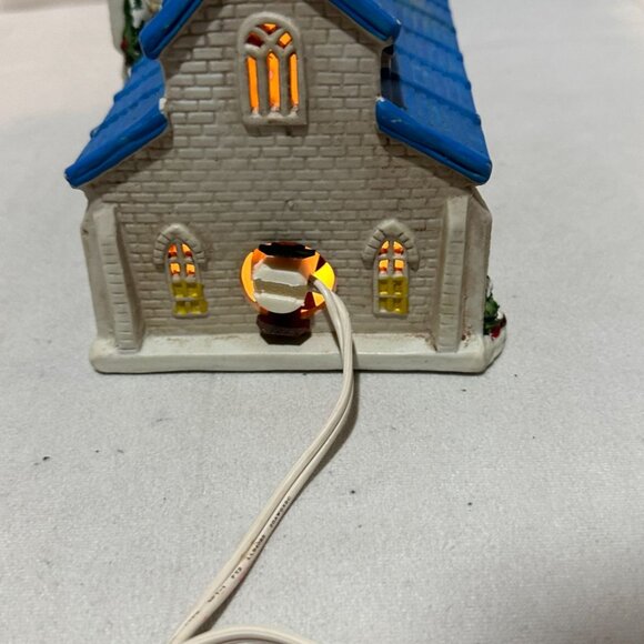 Vintage Ceramic Light-Up Church Figurine With Blue Roof & Christmas Tree - Picture 3 of 5